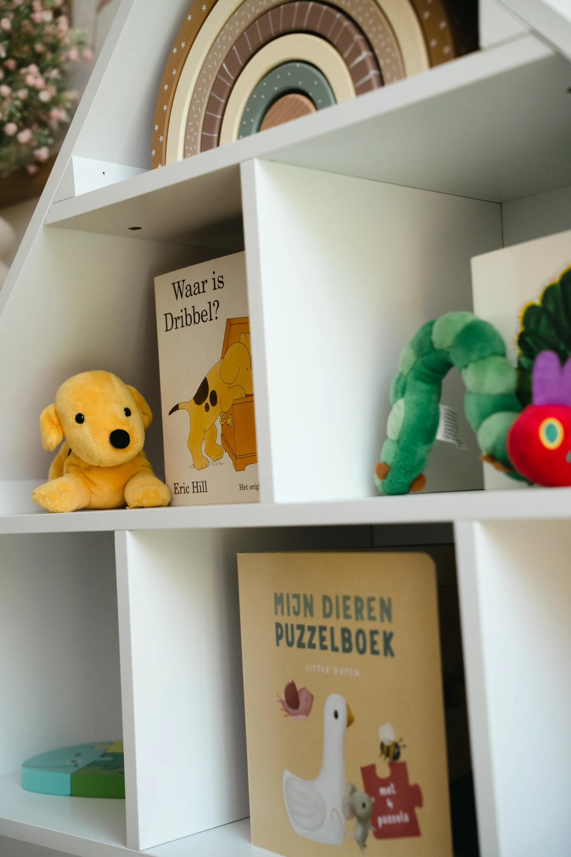 Boekenkast met speelgoed uit de praktijkruimte.